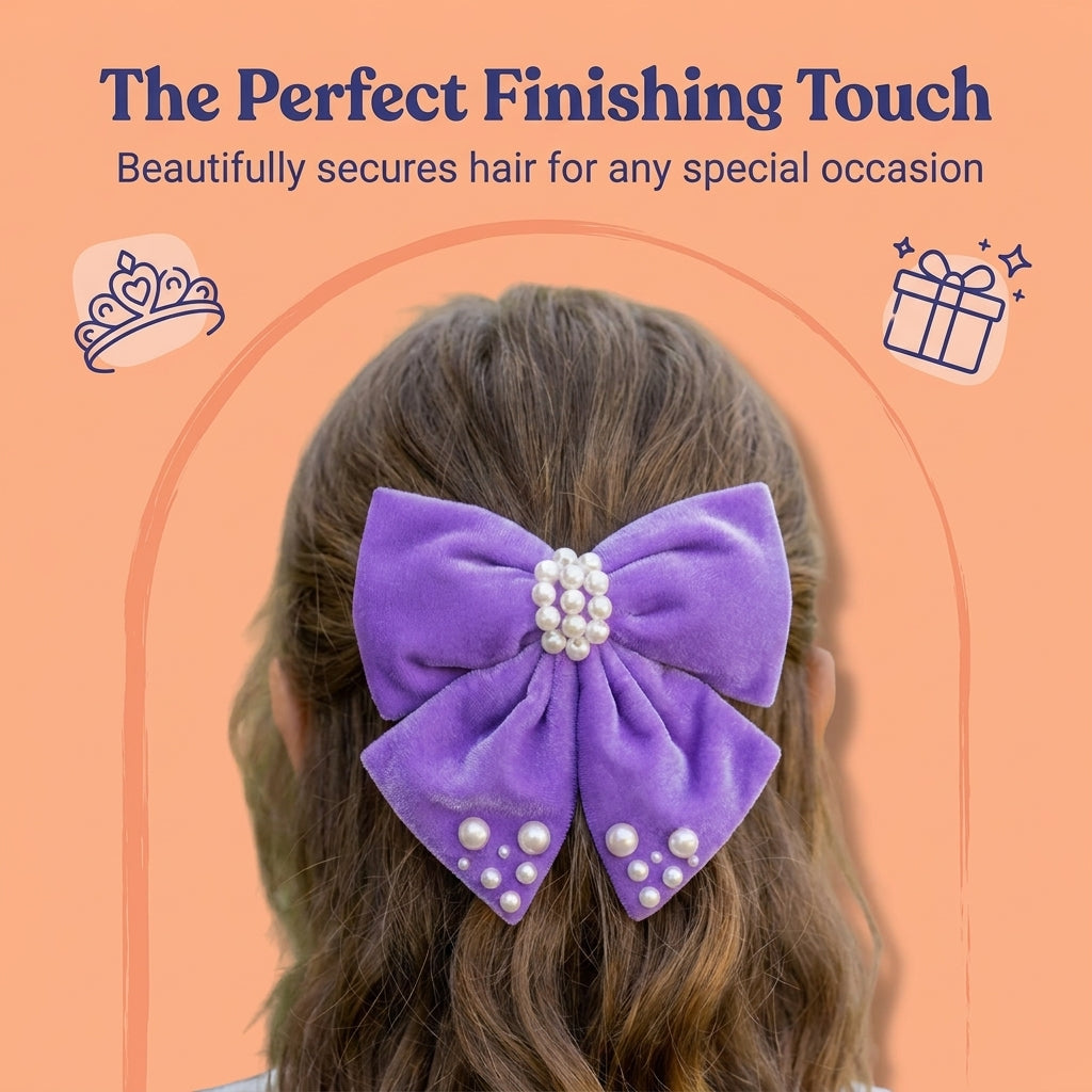 Velvet party bow on Alligator clip  embellished with pearls  - Purple