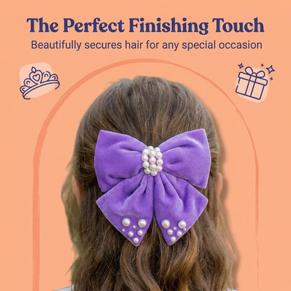 Velvet party bow on Alligator clip  embellished with pearls  - Purple