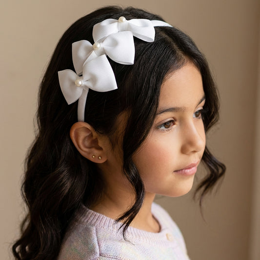 Cute Triple Grosgrain Ribbon Bow With Peal Detailed  Hairband.