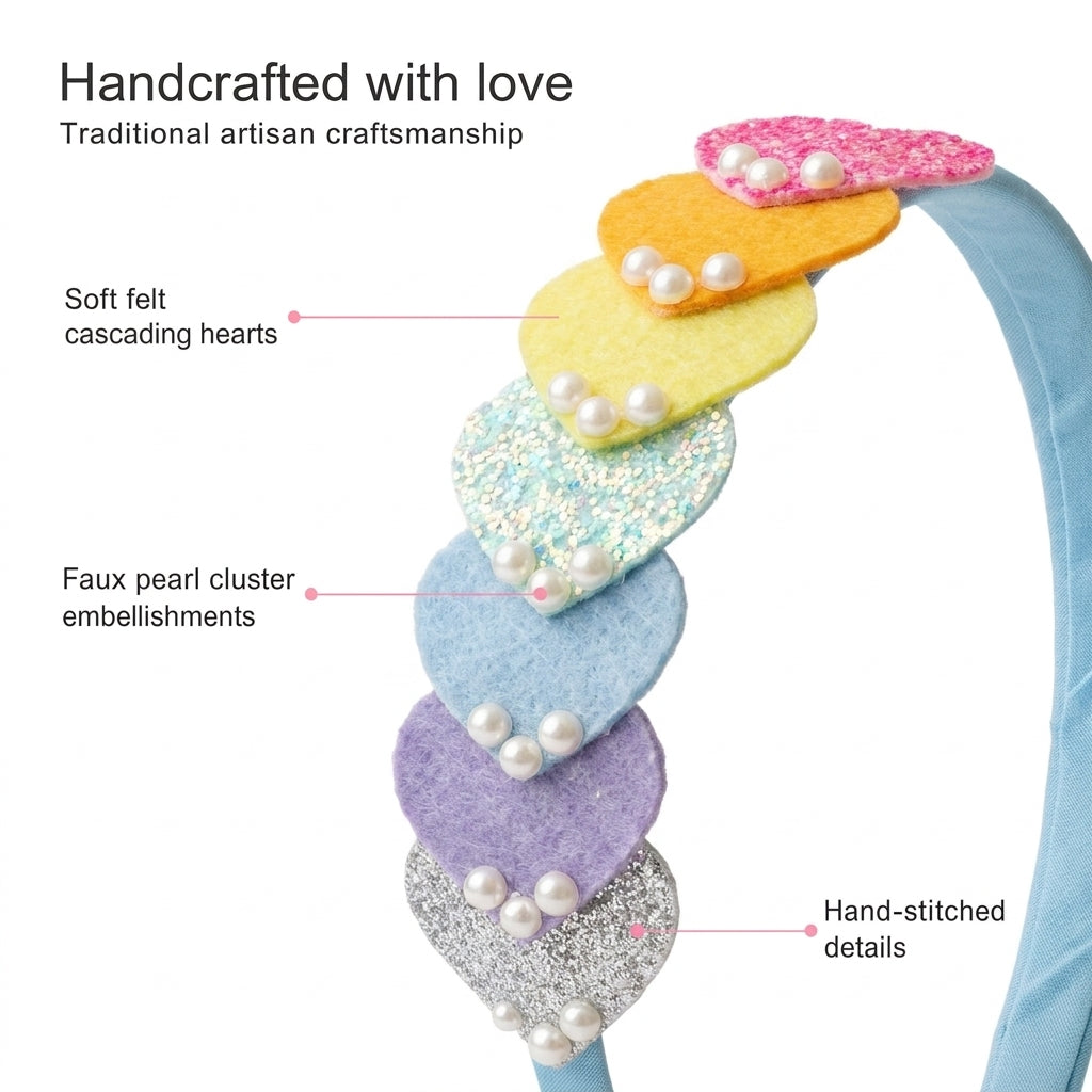 Dainty hairband with cascading hearts and pearl detailing - Light blue, Purple, Pink, Yellow