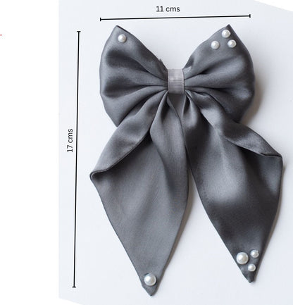 Big fancy satin bow on alligator clip embellished with pearls - Grey
