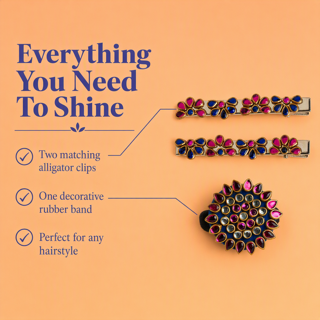 Colorful Kundan Stone Rubber band and Alligator clip - Multicolor