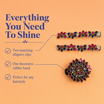 Colorful Kundan Stone Rubber band and Alligator clip - Multicolor