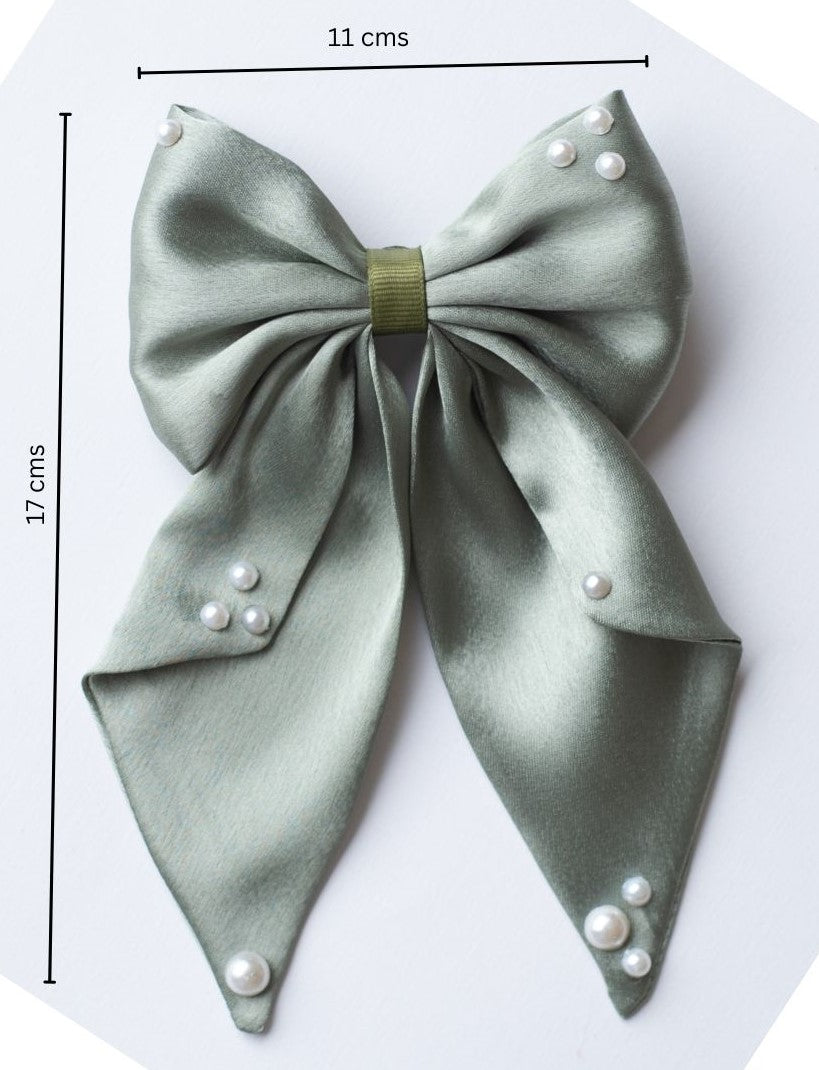 Big fancy satin bow on alligator clip embellished with pearls - Olive Green