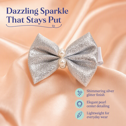 Shiny bow on alligator clips & rubberbands - Silver