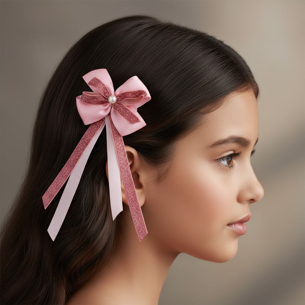 Combo: Set of 2 dangler alligator clips - Pink and Grey ( 2 single bow - 2 quantity)