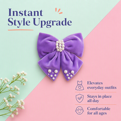Velvet party bow on Alligator clip  embellished with pearls  - Purple