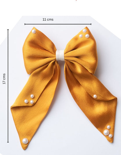 Big fancy satin bow on alligator clip embellished with pearls - Mustard Yellow