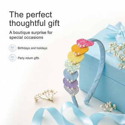 Dainty hairband with cascading hearts and pearl detailing - Light blue, Purple, Pink, Yellow