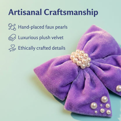 Velvet party bow on Alligator clip  embellished with pearls  - Purple