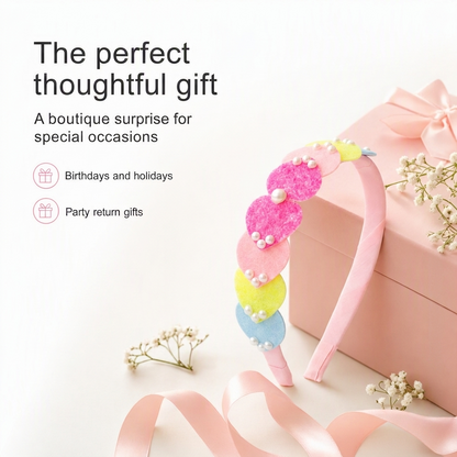 Dainty hairband with cascading hearts and pearl detailing -  Pink, Blue, Yellow