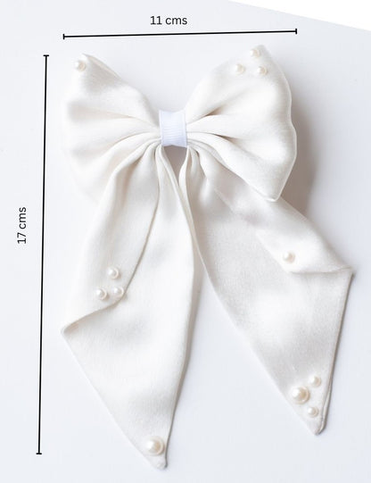 Big fancy satin bow on alligator clip embellished with pearls - White