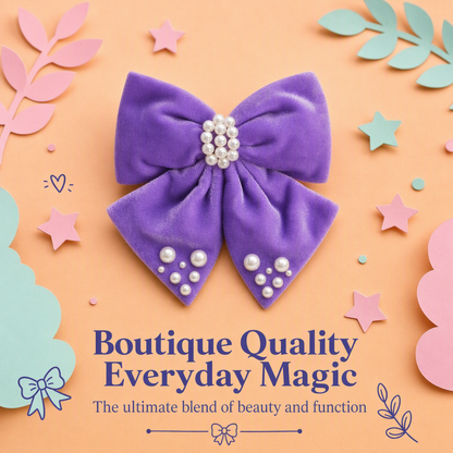 Velvet party bow on Alligator clip  embellished with pearls  - Purple