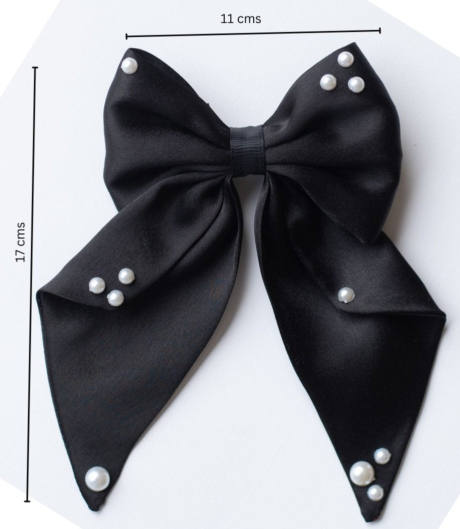 Big fancy satin bow on alligator clip embellished with pearls - Black