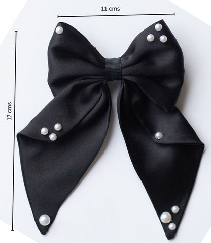 Big fancy satin bow on alligator clip embellished with pearls - Black
