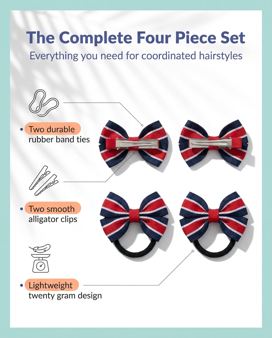 Combo: Striped bow rubberbands and alligator clips- Blue and Red