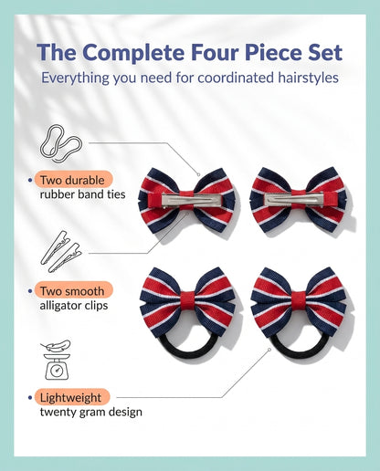 Combo: Striped bow rubberbands and alligator clips- Blue and Red