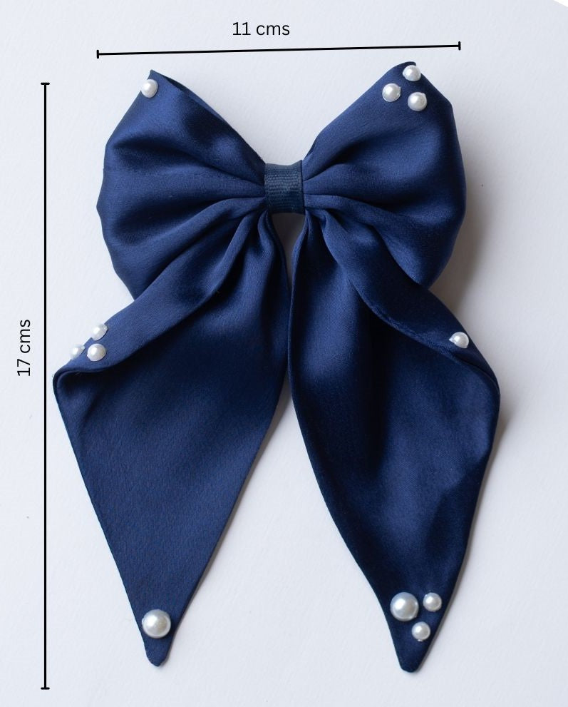 Big fancy satin bow on alligator clip embellished with pearls - Navy Blue