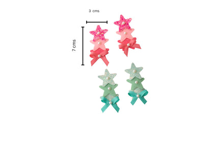 Cute glitter star alligator clips embellished with pearls and small bows  - Sea green , Pink
