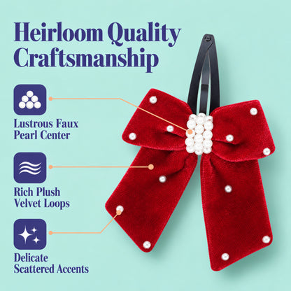 Elegant velvet bow on tic-tac pins with pearls - Red