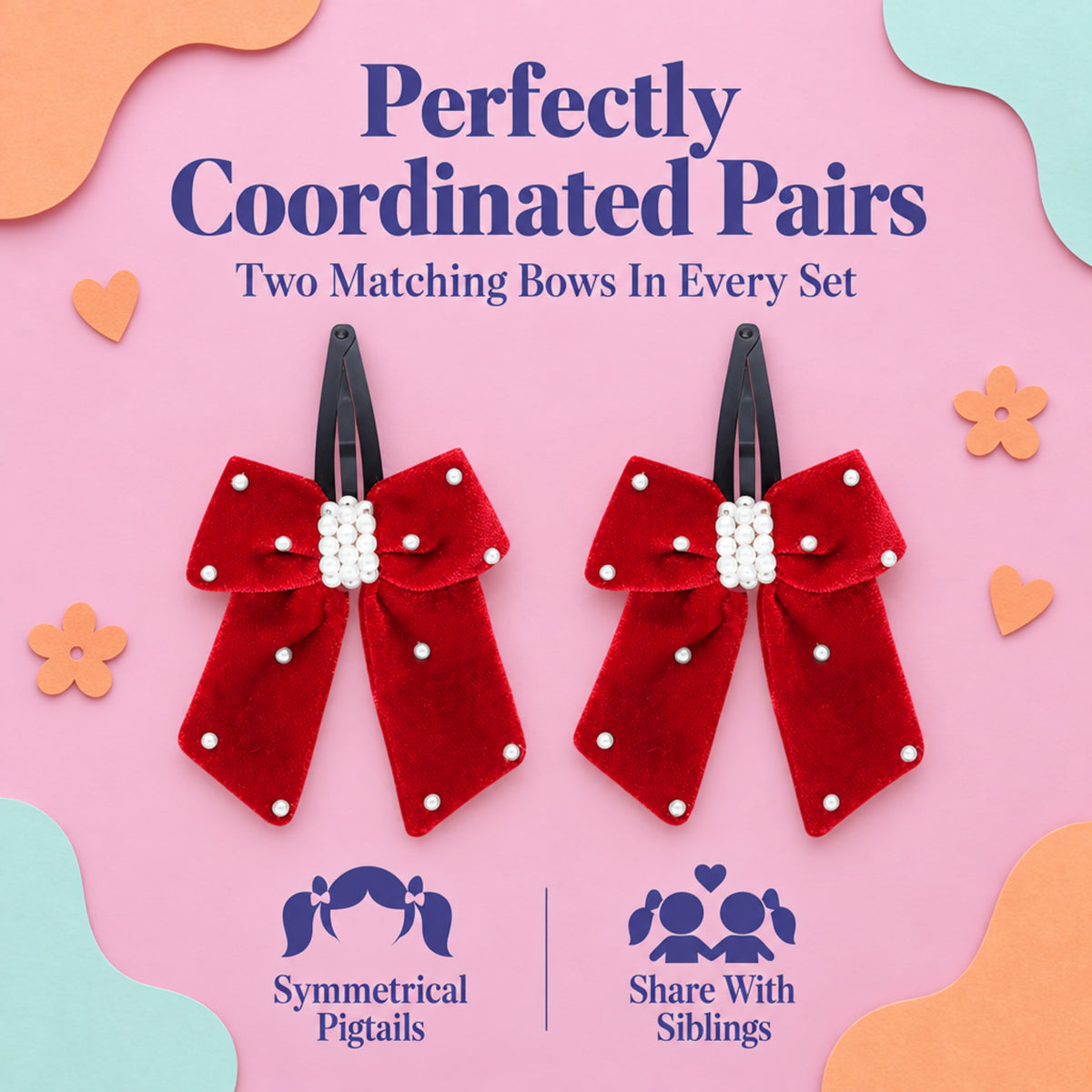 Elegant velvet bow on tic-tac pins with pearls - Red