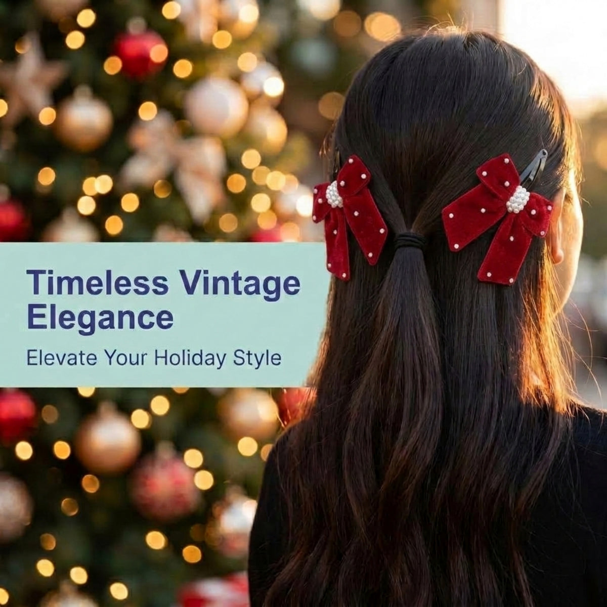 Elegant velvet bow on tic-tac pins with pearls - Red