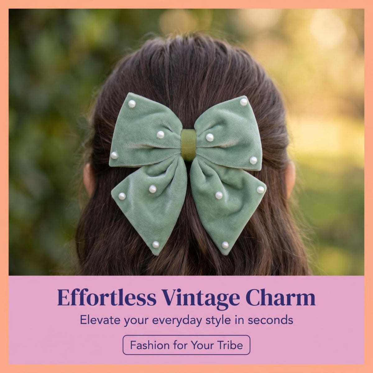 Velvet party bow on alligator clip with pearls - Olive green