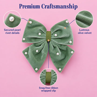 Velvet party bow on alligator clip with pearls - Olive green