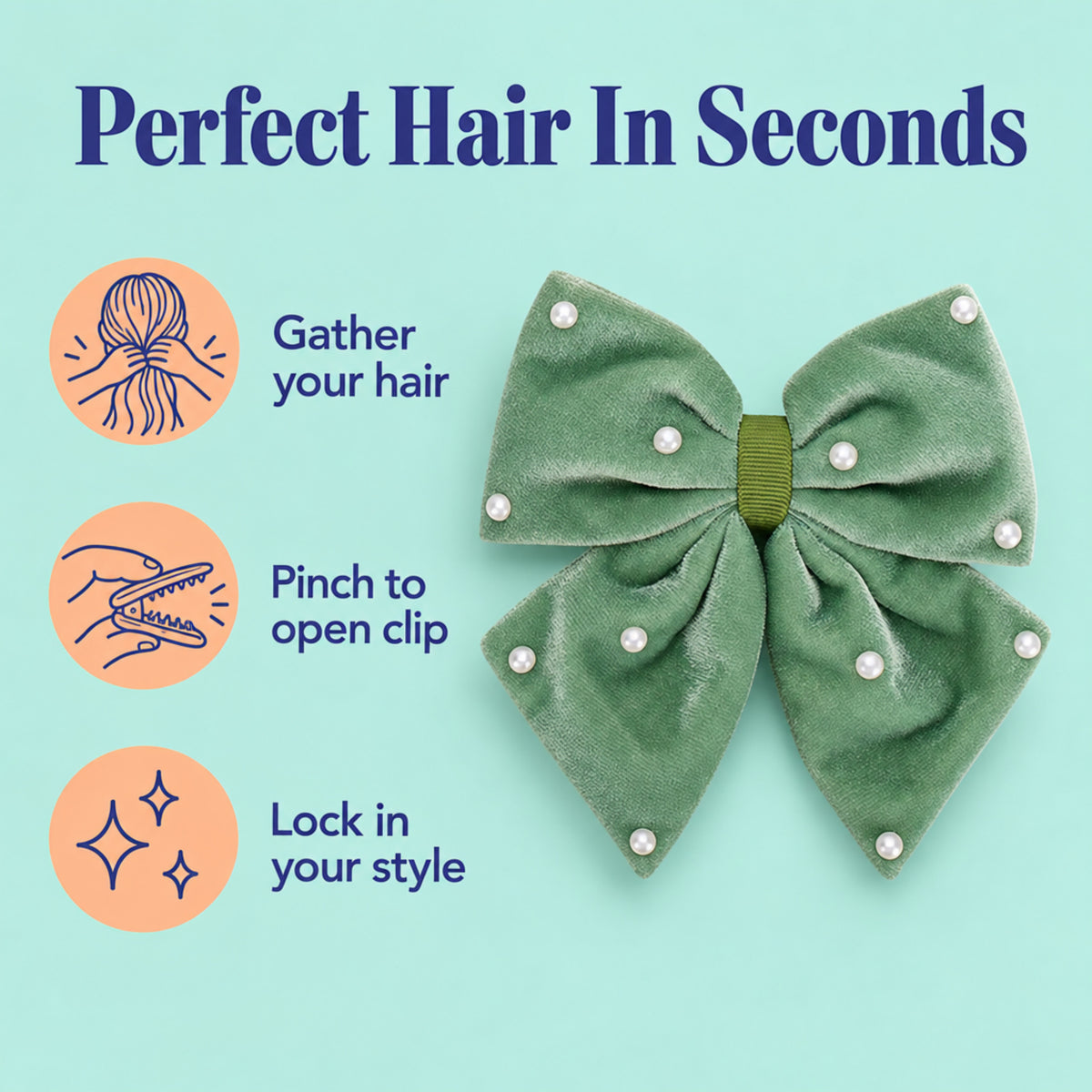 Velvet party bow on alligator clip with pearls - Olive green