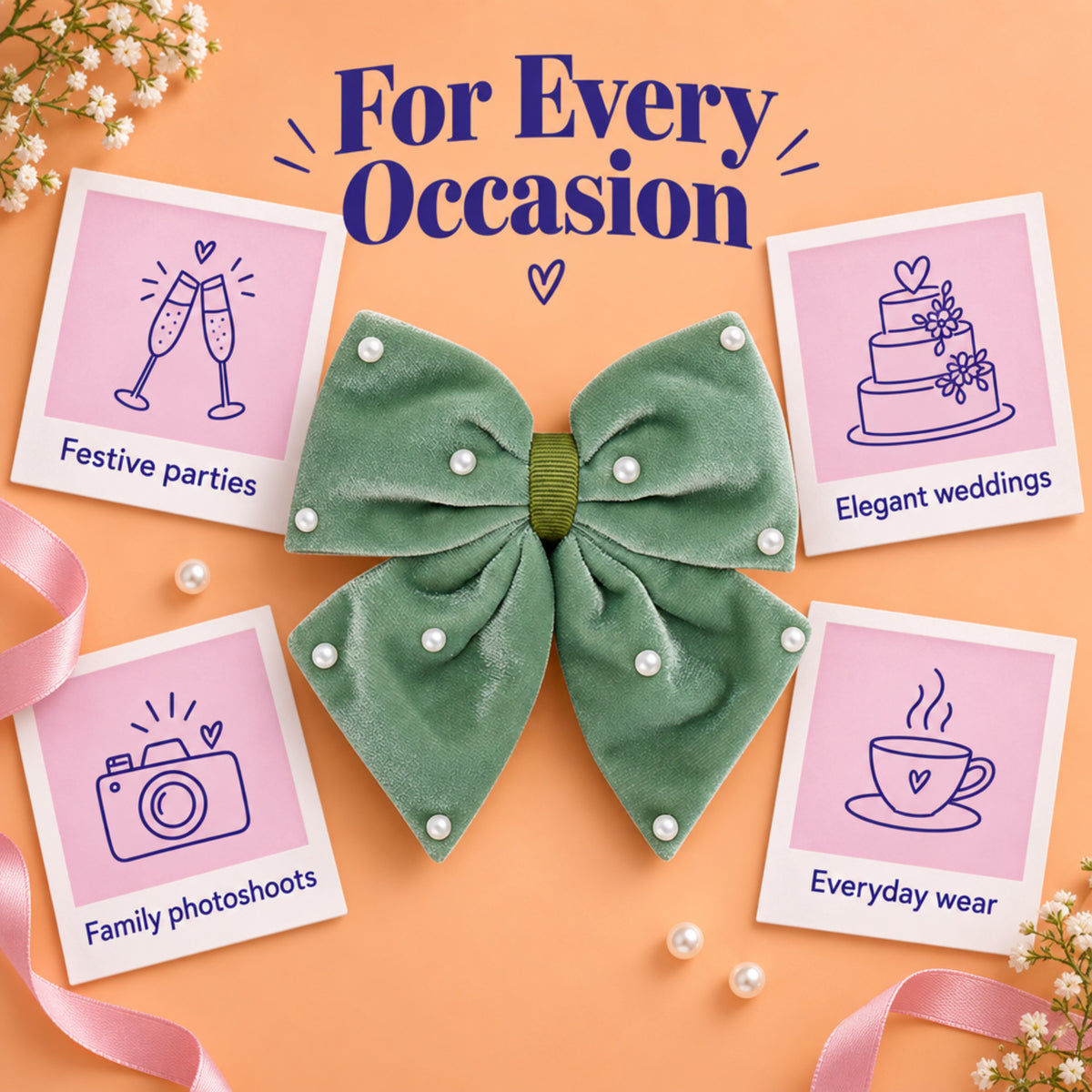 Velvet party bow on alligator clip with pearls - Olive green