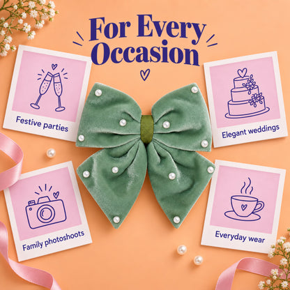 Velvet party bow on alligator clip with pearls - Olive green