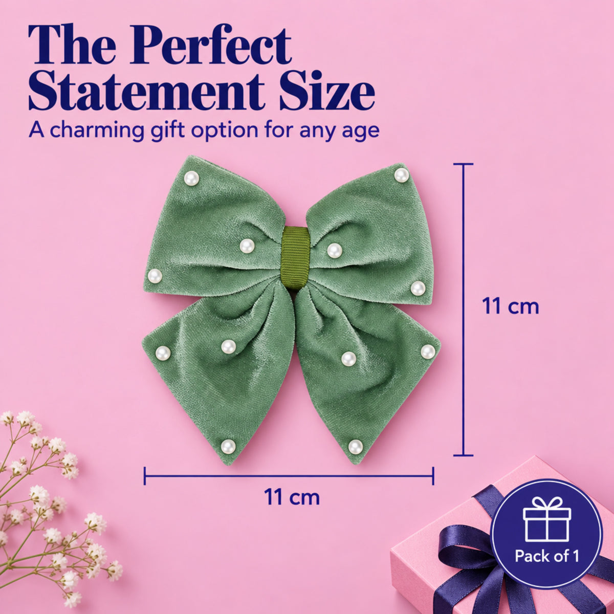 Velvet party bow on alligator clip with pearls - Olive green