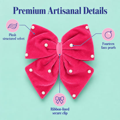 Velvet party bow on alligator clip with pearls - Rose Pink