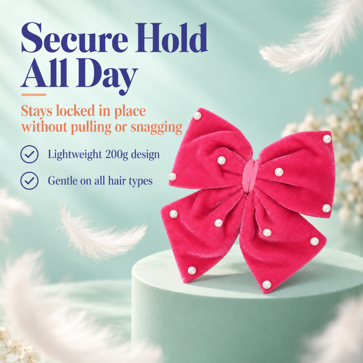 Velvet party bow on alligator clip with pearls - Rose Pink