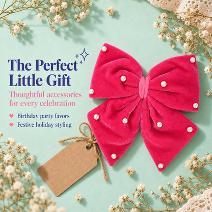 Velvet party bow on alligator clip with pearls - Rose Pink