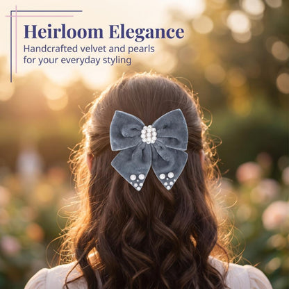 Velvet bow with pearl detailing on alligator clip - Grey