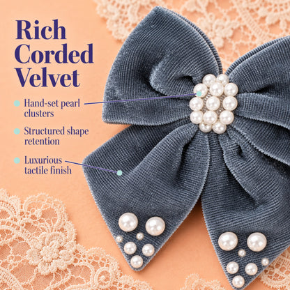 Velvet bow with pearl detailing on alligator clip - Grey