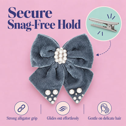Velvet bow with pearl detailing on alligator clip - Grey
