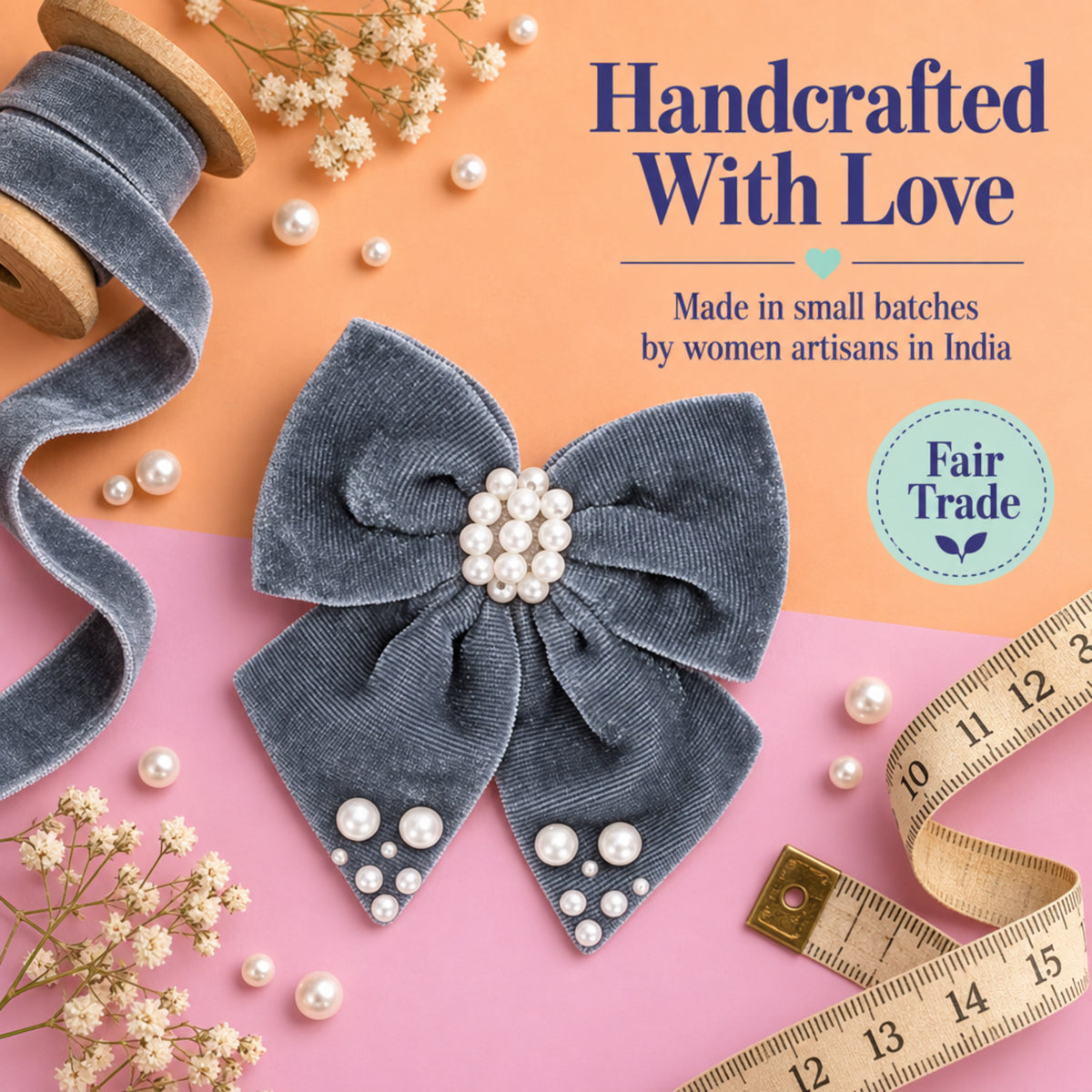 Velvet bow with pearl detailing on alligator clip - Grey