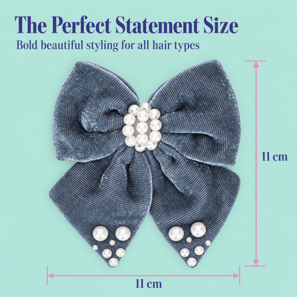 Velvet bow with pearl detailing on alligator clip - Grey