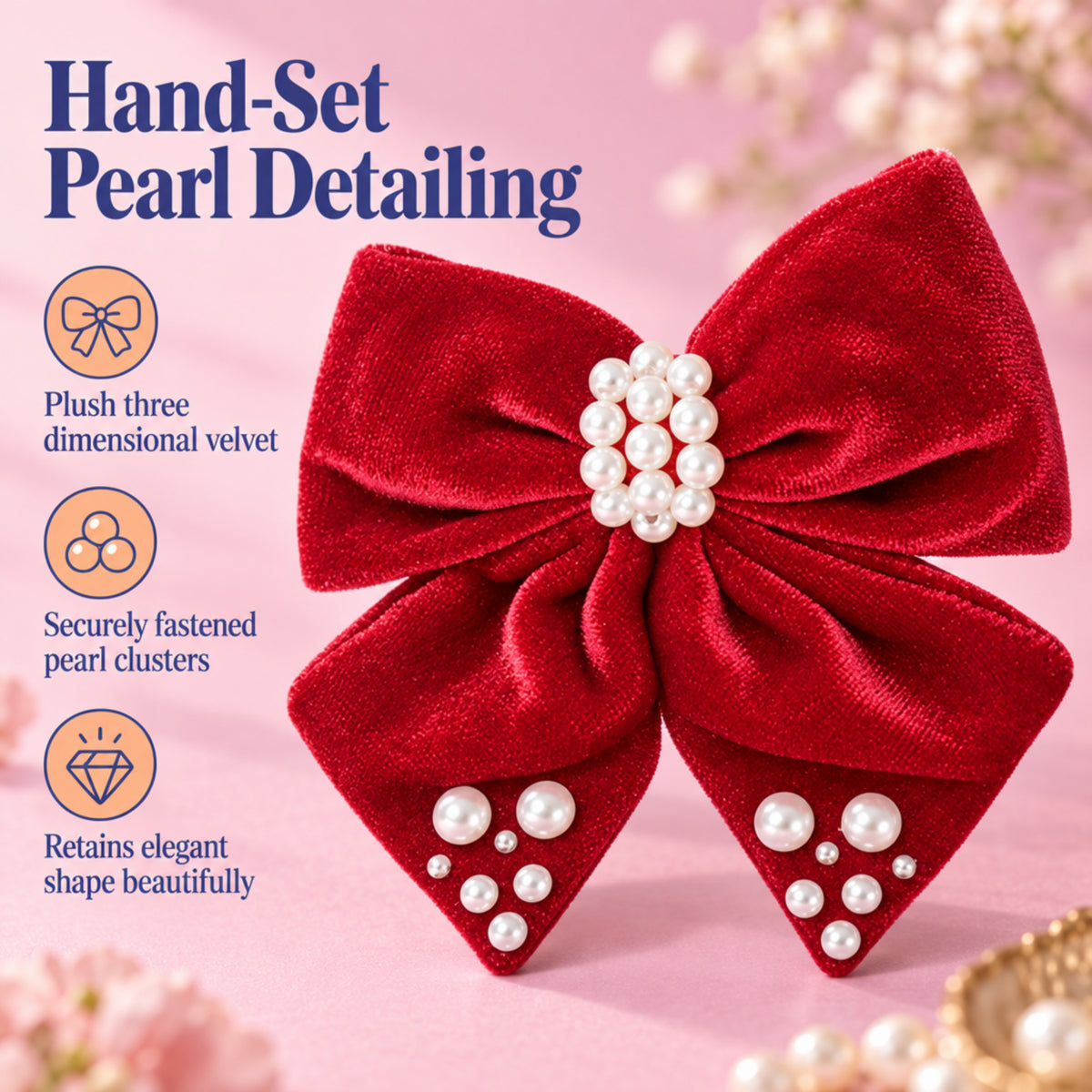 Velvet bow with pearl detailing on alligator clip - Red