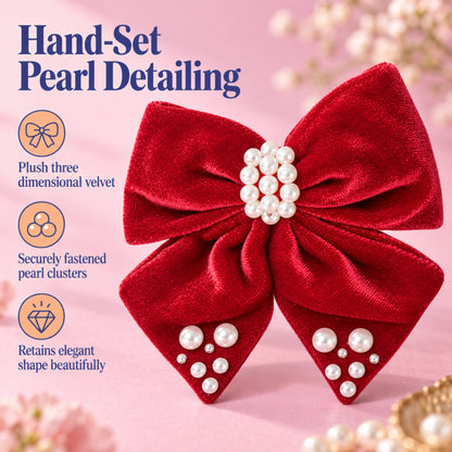 Velvet bow with pearl detailing on alligator clip - Red