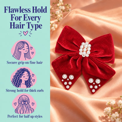 Velvet bow with pearl detailing on alligator clip - Red