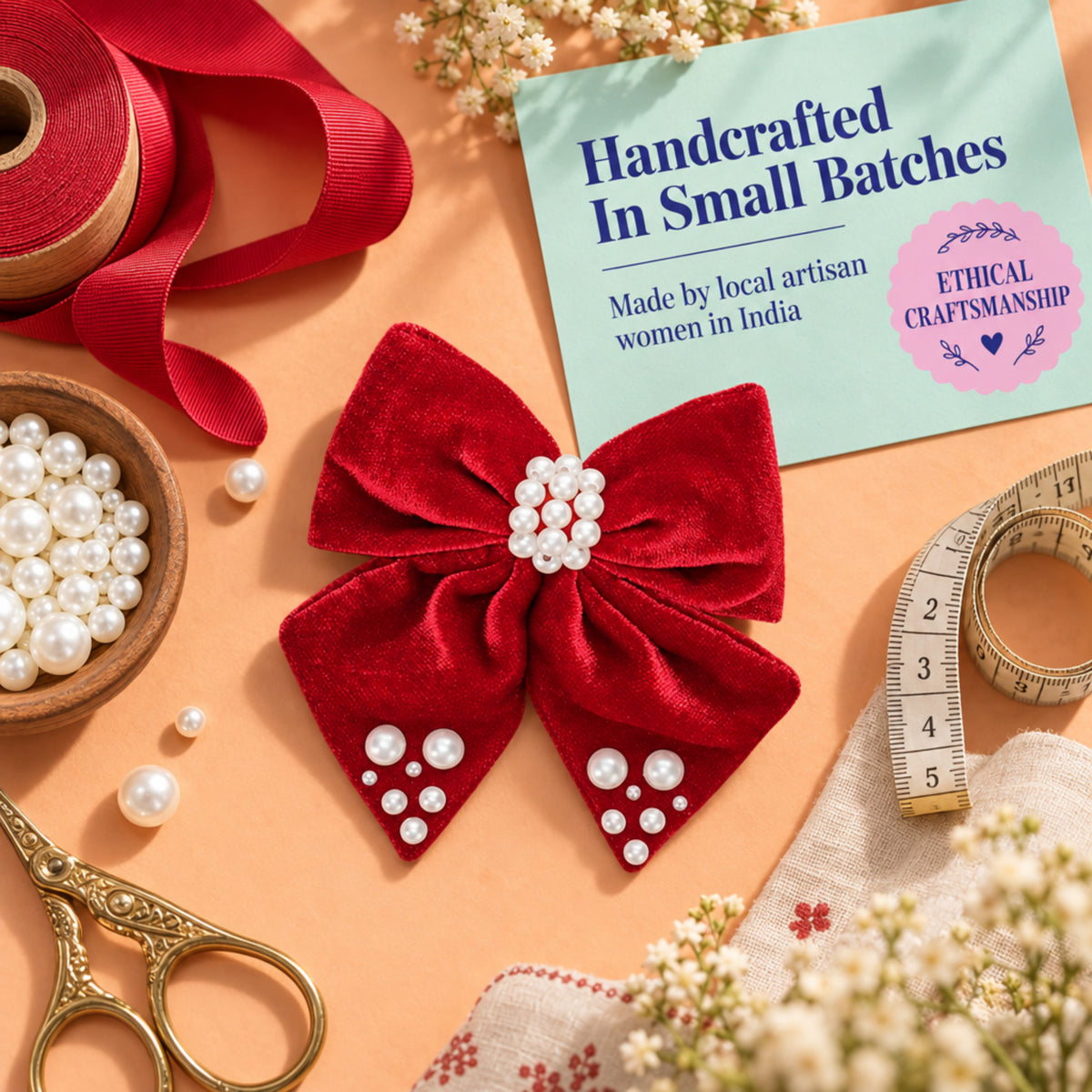 Velvet bow with pearl detailing on alligator clip - Red
