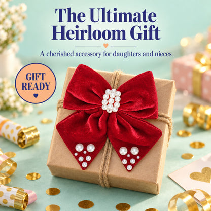 Velvet bow with pearl detailing on alligator clip - Red