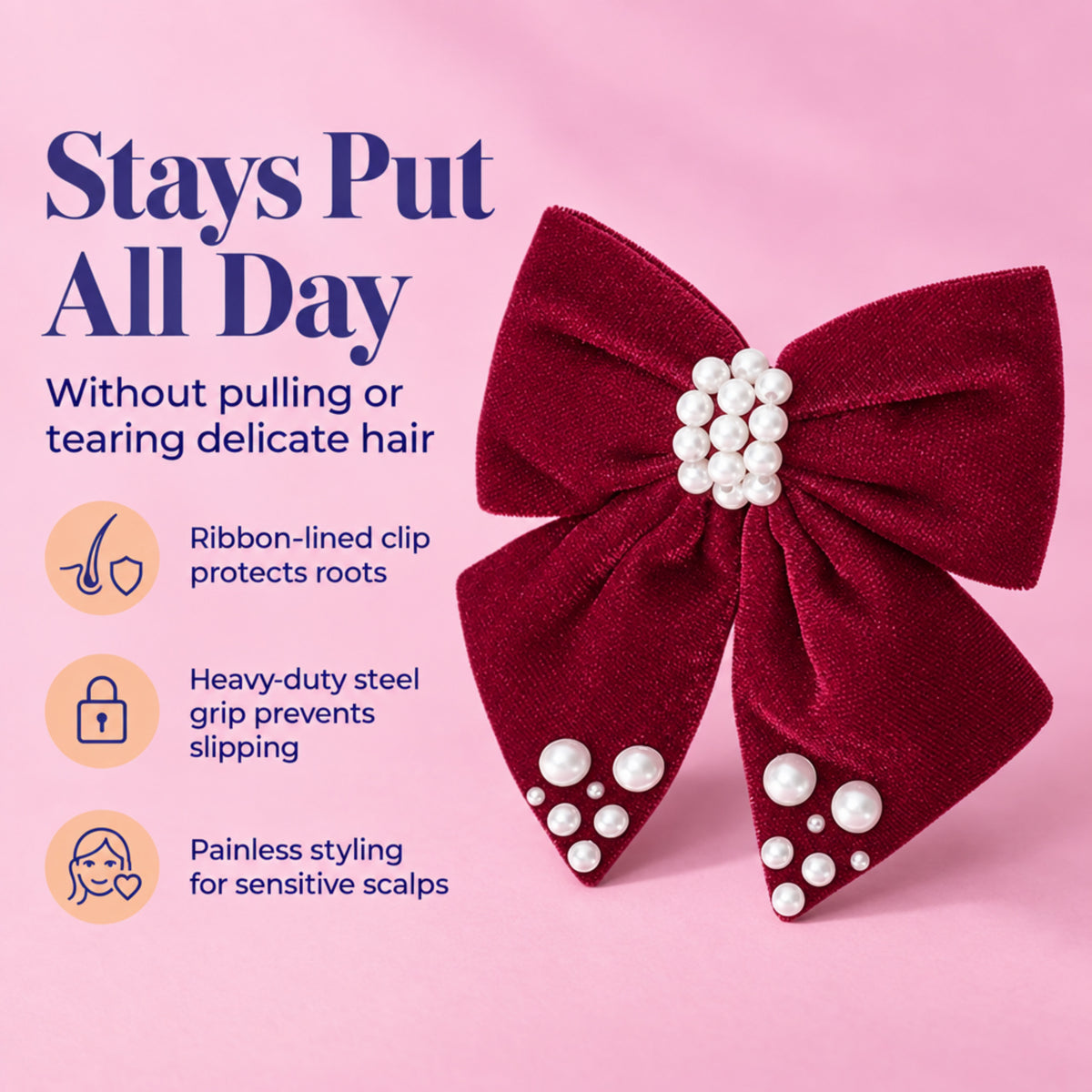 Velvet bow with pearl detailing on alligator clip - Maroon