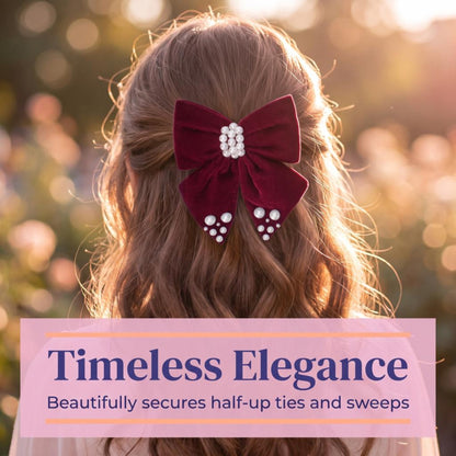 Velvet bow with pearl detailing on alligator clip - Maroon