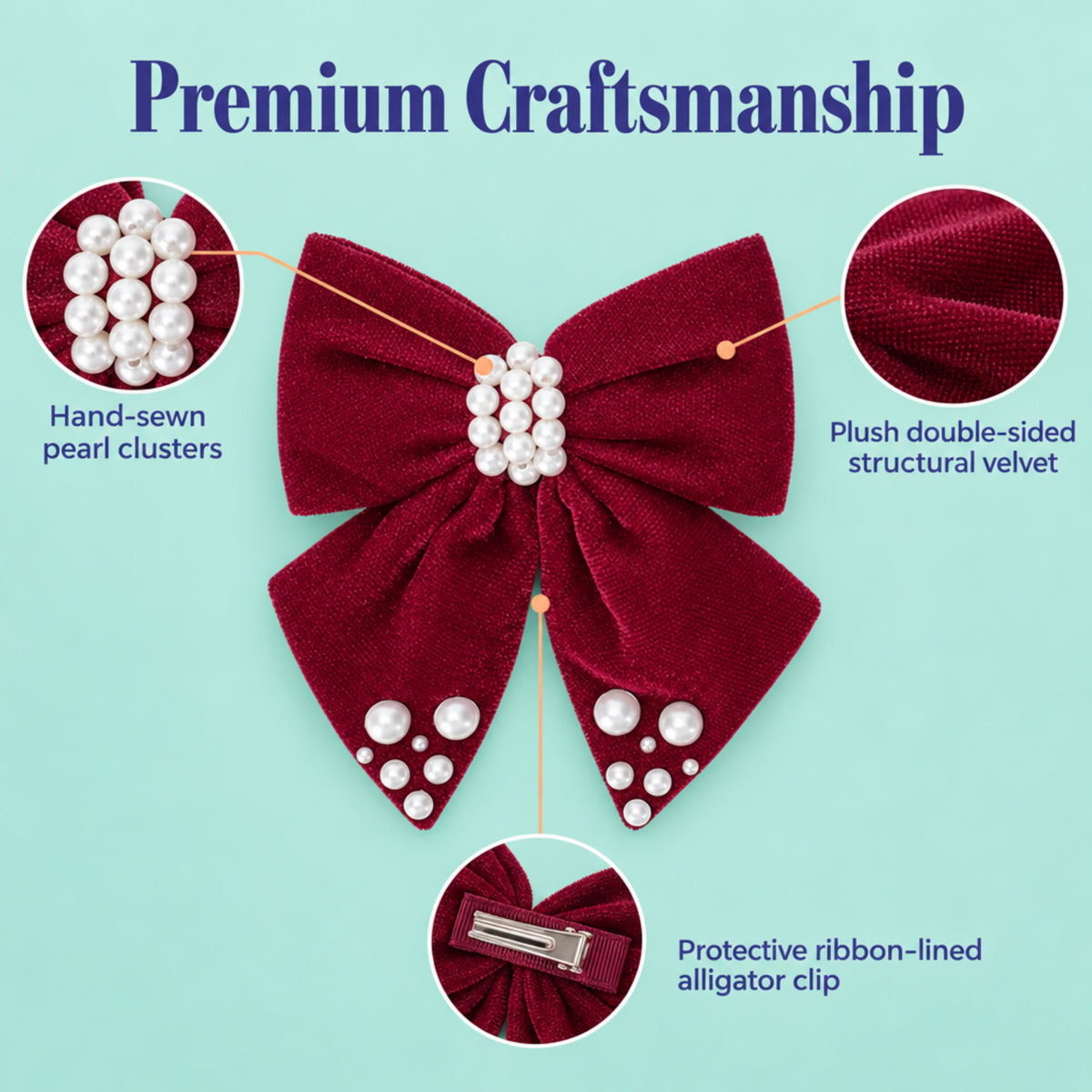 Velvet bow with pearl detailing on alligator clip - Maroon