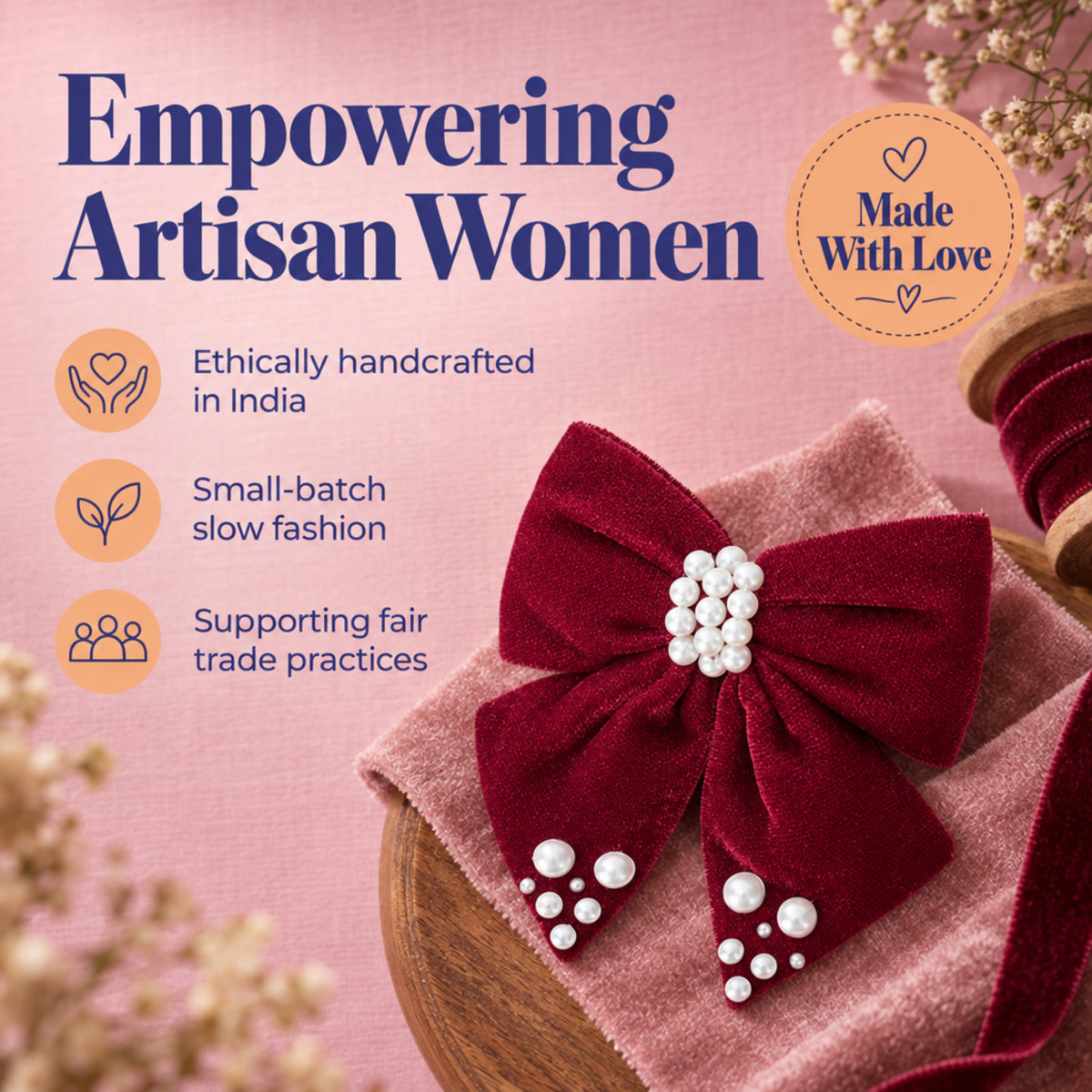 Velvet bow with pearl detailing on alligator clip - Maroon
