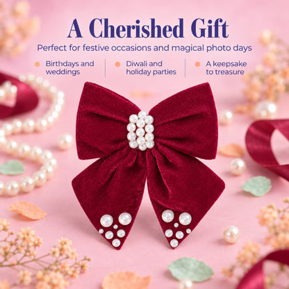 Velvet bow with pearl detailing on alligator clip - Maroon